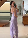 Advbridge Backless Sleeveless Ruffles Tassels Sling Dress A-line Side Split Irregular Long Dresses Summer Purple Casual Beach Clothes