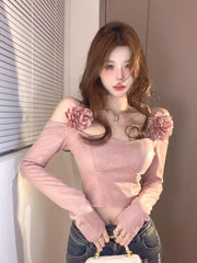 Advbridge -  Sweet Hot Girl Off Shoulder Long-sleeved Shirt Women's Autumn/Winter Slim Fit Slash Neck 3D Flower Short Top Female Clothes