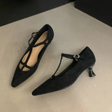 Advbridge New Retro Style Pumps Shallow Mouth Single Shoe Pointed Thin Heel Buckle Mary Jane Shoes
