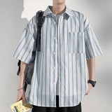 ADVBRIDGE  -  Men's Vertical Stripe Color-Block Lapel Loose-Fit Short Sleeve Shirt - Casual Breathable Top, Trendy Summer Style, Relaxed Fit