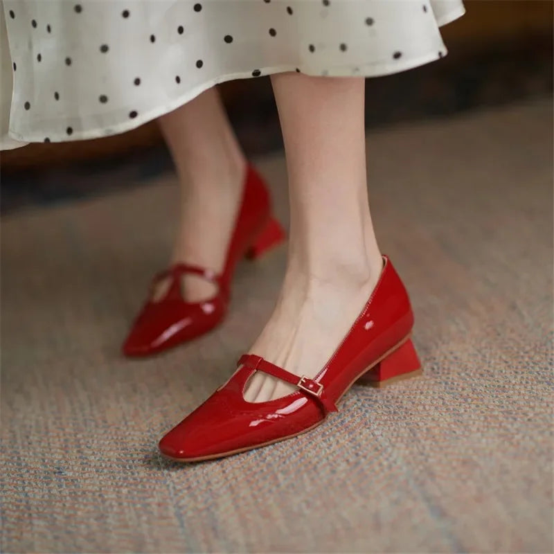 Advbridge Spring Women Shoes Patent Leather Solid Color T-shaped Buckle Square Toe Chunky Heel Versatile Single Shoes Item No.1302