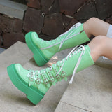 Advbridge Women‘s Thick Bottom Motorcycle Boots Women Punk Knee High Boots Autumn Winter Patent Woman Lace-up Casual Boots Red Size 34-44