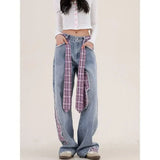 Advbridge American women retro bow tie tied jeans with grid splicing Harajuku Y2k loose casual slimming wide leg pants jeans woman