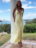 Advbridge V Neck Yellow Backless Satin Party Dress Women Sleeveless Summer Dress Vestidos Mujer Bowknot Elegant Sexy Sundress Beach 2024