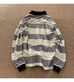 Advbridge Japan Retro Striped Long-sleeved POLO Shirt Top Men Women Loose Trend Couple BF Lapel Sweatshirt Preppy Hip Hop Cool Shirts