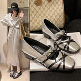 Advbridge 2024 Luxury Women Square Toe Bow Mary Jane Single Shoes Real Genuine Leather Flat Bottom Rivet Belt Buckle Ballet