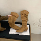 ADVBRIDGE  -  Western Style Fashion Hemp Tassel Knee High Boots Women Winter Street Pointed Toe Cowboy Boots Low Thick Heels Long Shoes