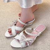 ADVBRIDGE  -  Sweet Heart wedge sandals Women elegant Lace Rhinestone Bow designer high heels Slippers Fashion cross strap Slide Sandals