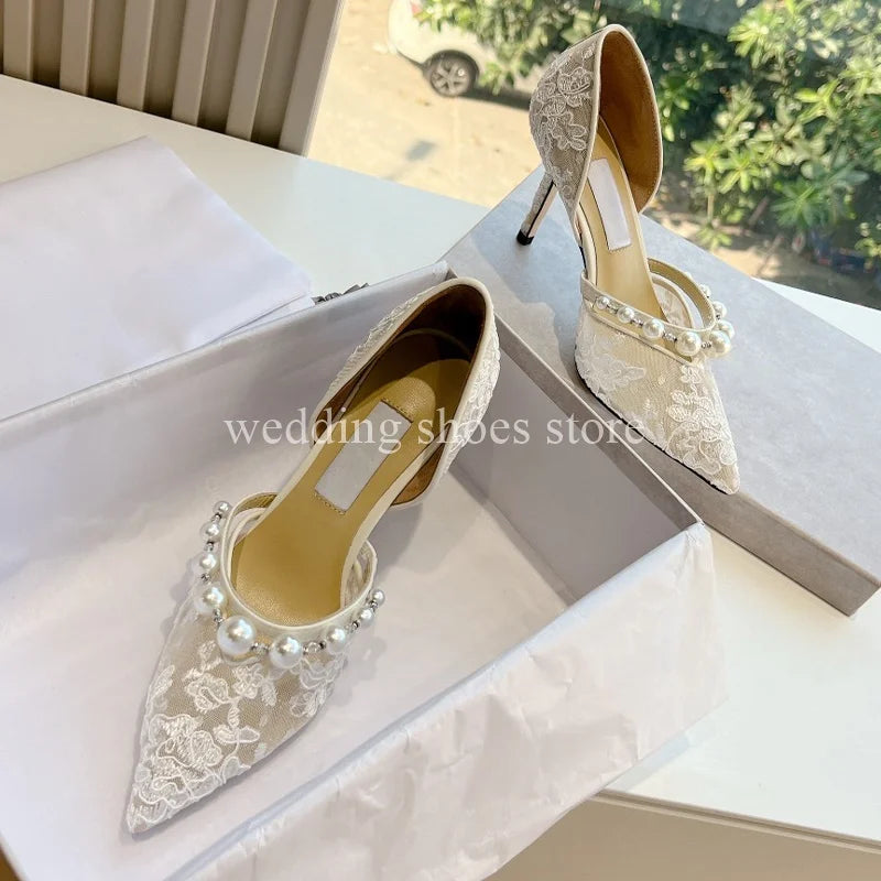 Advbridge Lace Pearl Heels Women High Heels Shallow Mouth Pointed Toe High Heels Luxury New Single Shoes Women Pumps Wedding