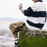 Advbridge Japanese Style Summer New Men's Turn-down Collar Spliced Striped Button Fashion Vintage Loose Half Sleeve Tops T-shirt