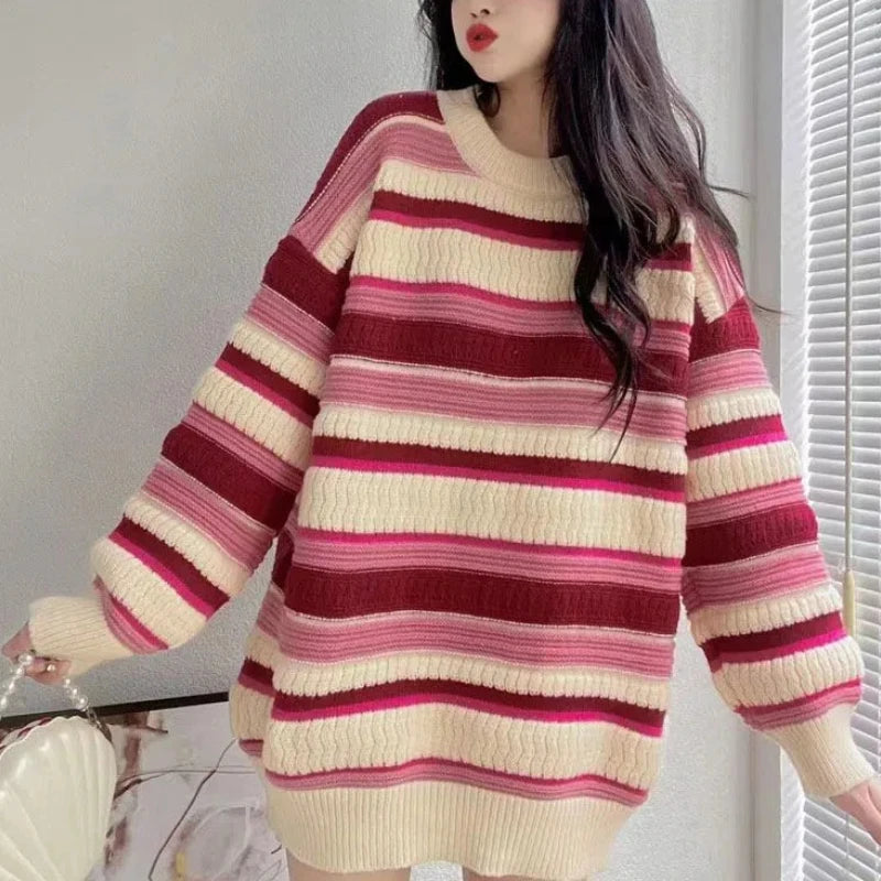 Advbridge Autumn Winter Korean Stripe Fried Dough Twists Sweater Women's 2024 Splice Pullovers O-Neck Fashion Loose Long Sleeve Knit Top