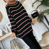 Advbridge Casual Women Purple/Black Striped Knitted Top Lady Elegant O-Neck Loose Autumn Sweaters Jumper Winter Long Sleeve Knit Pullover