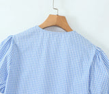 ADVBRIDGE  -  Blue Plaid Shorts 2 Piece Set V Neck Puff Sleeveless Lace-up Crop Blouse+Shorts Simple Casual Fashion Summer Suits For Women New
