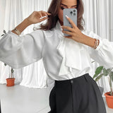 Advbridge Fashion Women Solid Long Sleeve Office Blouses Tops Pullover Lady Long Sleeve Basic Shirt Commute Bow Tie Collar French Shirt