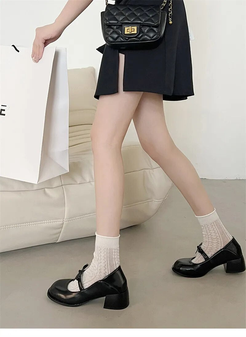 Advbridge Elegant Mary Jane Pumps Woman High Heels Shoes Leather Casual Shoes Women Square Heeled Shoes Ladies Sweet Style Lolita Shoes