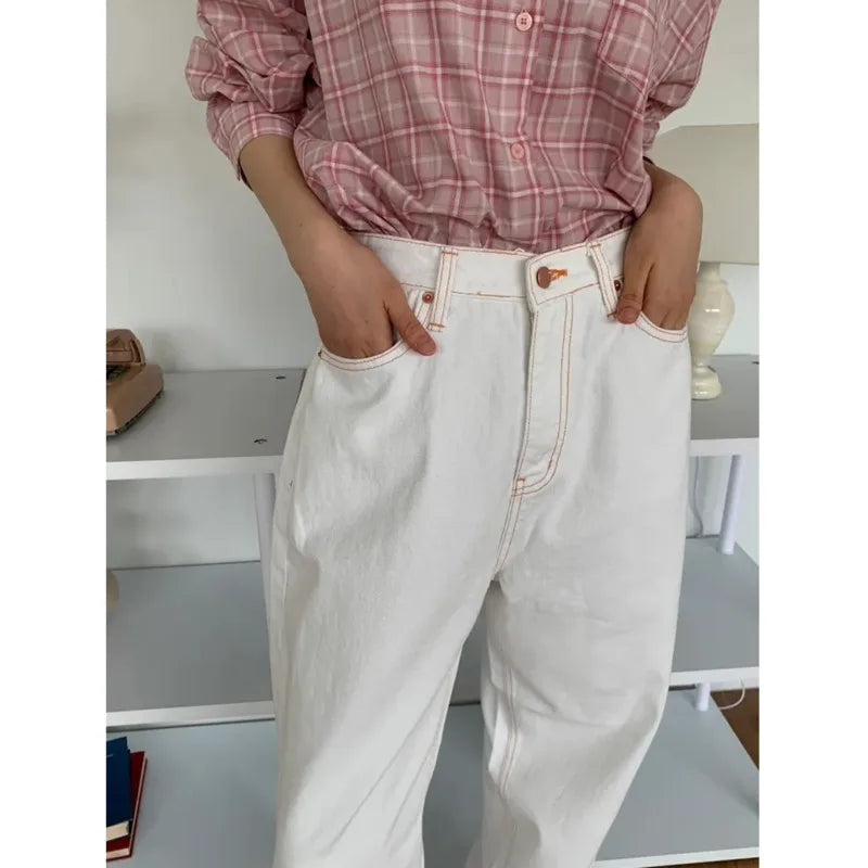 Advbridge 2024 New Korean Casual White Jeans Kawaii Pink Bow Embroidery Denim Pants Button Wide Leg Trouser Chic Straight Pant For Women