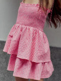 ADVBRIDGE  -  Pink Plaid Tiered Mini Dress Women Summer Lace-up Sleeveless A-line Vestidos Sweet Fashion Casual Simple Short Dresses 2025 New