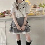 Advbridge Kawaii Plaid Women Short Skirt Lolita Ruffle Japanese Style Lace Bow Mini Skirts Cutecore Sweet Pleated Preppy Skirt