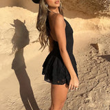 ADVBRIDGE  -  Women's Halter Deep V-neck Hollow Lace See-through High Waisted Strappy Ruched Mini Solid Tank Dress Vacation Club Summer Outfit
