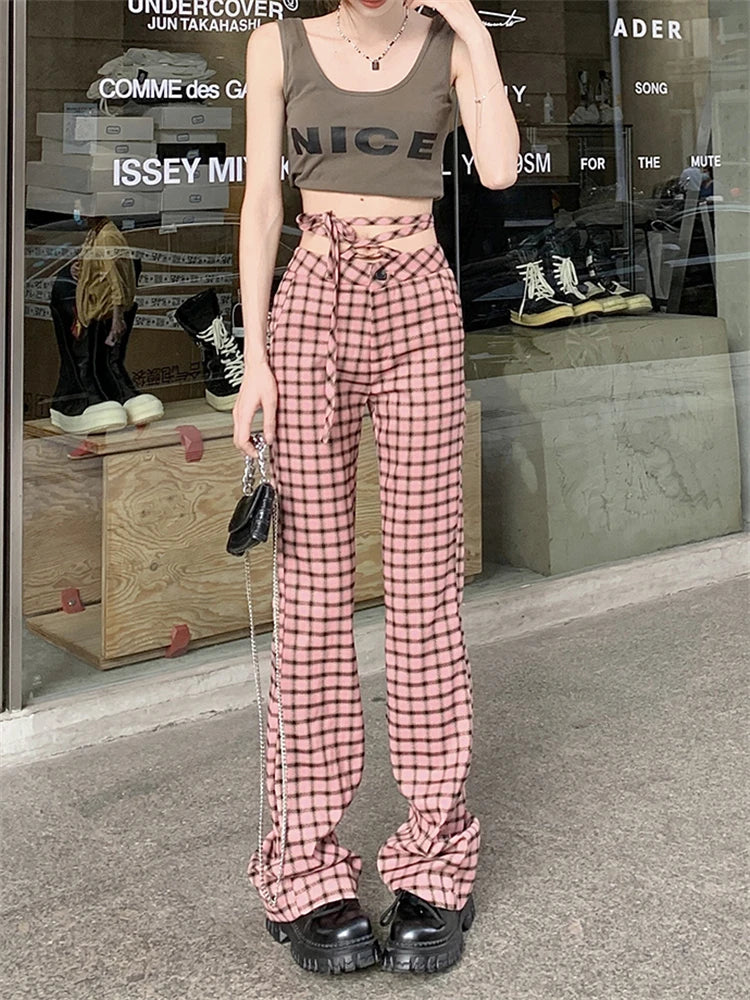 Advbridge  -  Women's Lace Up Design Vintage Plaid Pattern Casual Pants Fashion Girls Female High Waisted Skinny Straight Thin Trousers