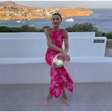 Advbridge Mesh Stereo Discoid Flower Wrapped Hip Long Dresses Sexy Slim Fit Patchwork Women 3D Design Sleeveless Round Neck Evening Dress