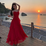 ADVBRIDGE  -  Elegant Red Ruffles Party Dress Women Sexy Spaghetti Strap Backless Slim Vacation Dresses A-Line Casual Vestidos Long Robe N585
