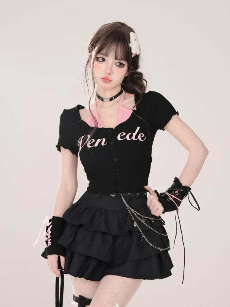 Advbridge Black Gothic Mini Skirts Women Punk Y2k Grunge Short Skirt Korean Harajuku Kawaii 2000s A-line Cake Skirts Aesthetic