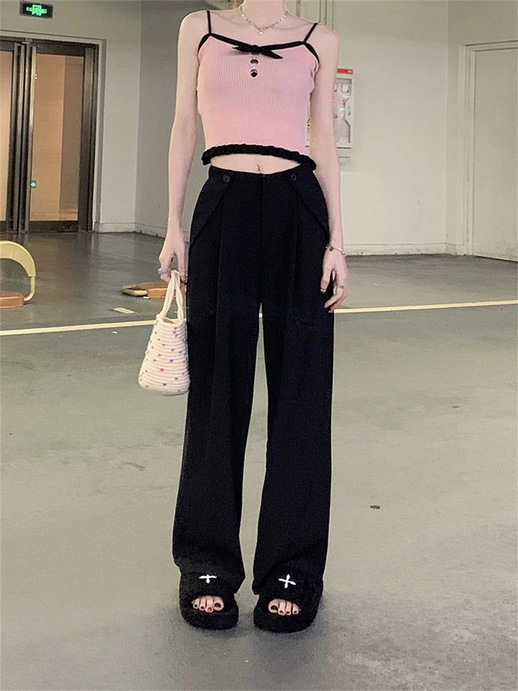 Advbridge  -  Women's Wide Leg Casual Black Suit Pants Fashion Commuter Office Girl Temperament Female High Waisted Straight Thin Trousers