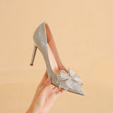 Advbridge  New Thin Heel Pointed Head Shallow Mouth Silver Sexy Wedding Shoes High Heels Fairy Style Bow Office Single Shoes