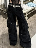 Advbridge Casual jeans American washed multi-pocket work jeans Y2K retro women's street black straight-leg loose wide-leg pants