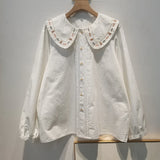 Advbridge 2025 Spring Summer New Long Sleeve Women's Cotton Shirt Loose Sweet Big Collar Flower Embroidered Basic White Casual Preppy Top