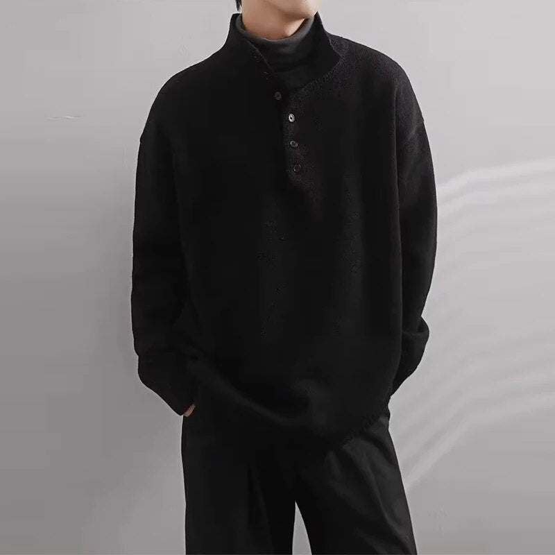 Advbridge Streetwear Fall Button Turtleneck Sweaters Tops Harajuku Solid Loose Knit Tops Men Fashion Long Sleeve Jumper Pullovers