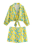 Advbridge Lemon Printed Cotton Linen Women's Summer Shorts Set Casual Bowknot Shirt Short Matching Set 2024 New Fruit Print Suit