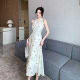 ADVBRIDGE  -  New Chinese Style Retro Dresses for Women Temperament Elegant Robe Summer Printed V-neck Nail Bead Chic Dress