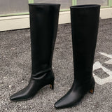 ADVBRIDGE  -  women's natural suede leather 4.5cm thin med heel square toe slip-on knee high boots elegant ladies long boots shoes