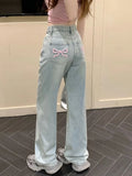 Advbridge Sweet Blue Jeans for Women Bow Embroidery Straight Denim Trousers Y2k Vintage Korean Style Baggy High Waist Jeans Casual