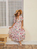 Advbridge Sexy V Neck Beach Dress Woman Bodycon Short Sleeve Maxi Dress Elegant Pleated Pink Floral Long Summer Dresses For Women 2024