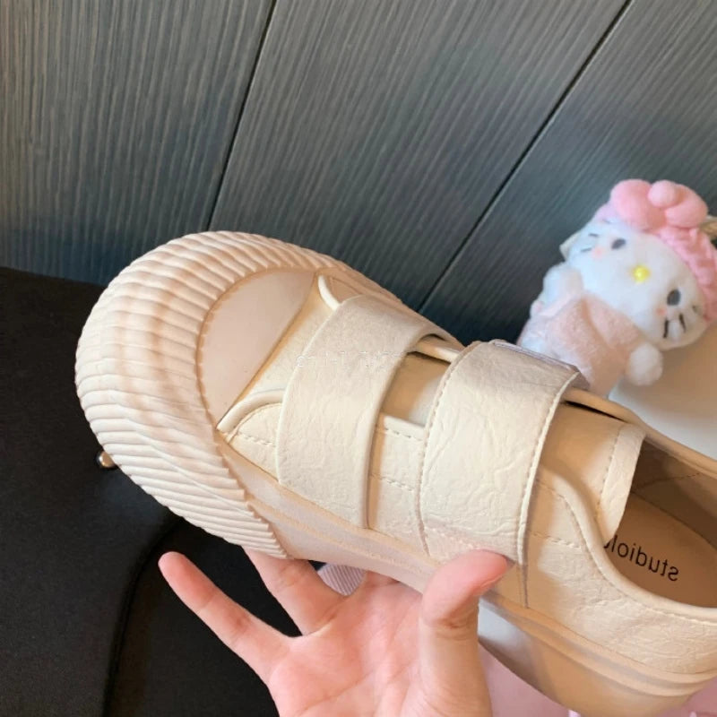 Advbridge Leather ~ Lazy Velcro all match small white shoes round head increase thick soled cookie shoes women Spring and autumn