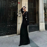 ADVBRIDGE  -  Solid Colour Sexy Knit Cut Out Holiday Beach Casual Long Dresses Women's 2025 Summer Sexy V-Neck Long Sleeve Bodycon Maxi Dress