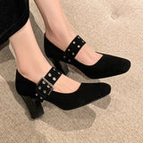 ADVBRIDGE  -  Women's natural suede leather 7cm thick high heel metal buckle slip-on Mary Jane pumps elegant ladies OL style daily dress shoes