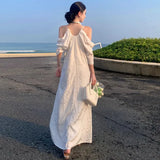 Advbridge Hanging Neck Off Shoulder Dress, Women'S White Jacquard Design, Unique And Beautiful Temperament, Seaside Vacation Long Dress