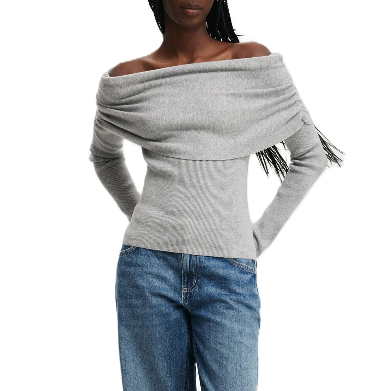 Advbridge Women's Elegant Chic Off Shoulder Knitwear Sweaters Slim Fit Foldable Slash Neck Solid Color Pullover Tops Streetwear