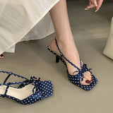 ADVBRIDGE  -  Blue Polka Dot Bow High Heel Sandals Women Fashion Square Toe Back Strap Buckle Brand Designer Shoes Sexy Open-toe Dress Shoes