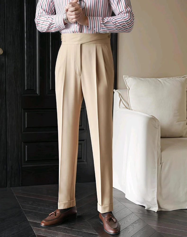 Advbridge England Style Naples Suit Pants For Men Mid High Waist Paris Buckle Straight Trousers Spring Autumn Fashion Business Casual Pant