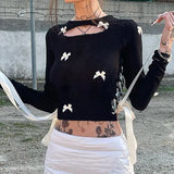 Advbridge  -  New Women's T-shirt Puss Sexy Bow Contrast Color Side Strap Hollowed Out Slim Waffle Long Sleeve Crop Top Trend Streetwear