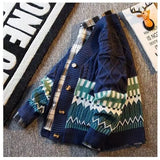 Advbridge Japanese Retro Patchwork Diamond Grid V-neck Cardigan Sweater for Men Loose and Stylish Casual Knitwear Jacket