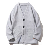 Advbridge Minimalist Japanese Style Solid Color Waffler Men's V-neck Single Breasted Pockets Thin Casual Long Sleeve Loose Hoodies Tops