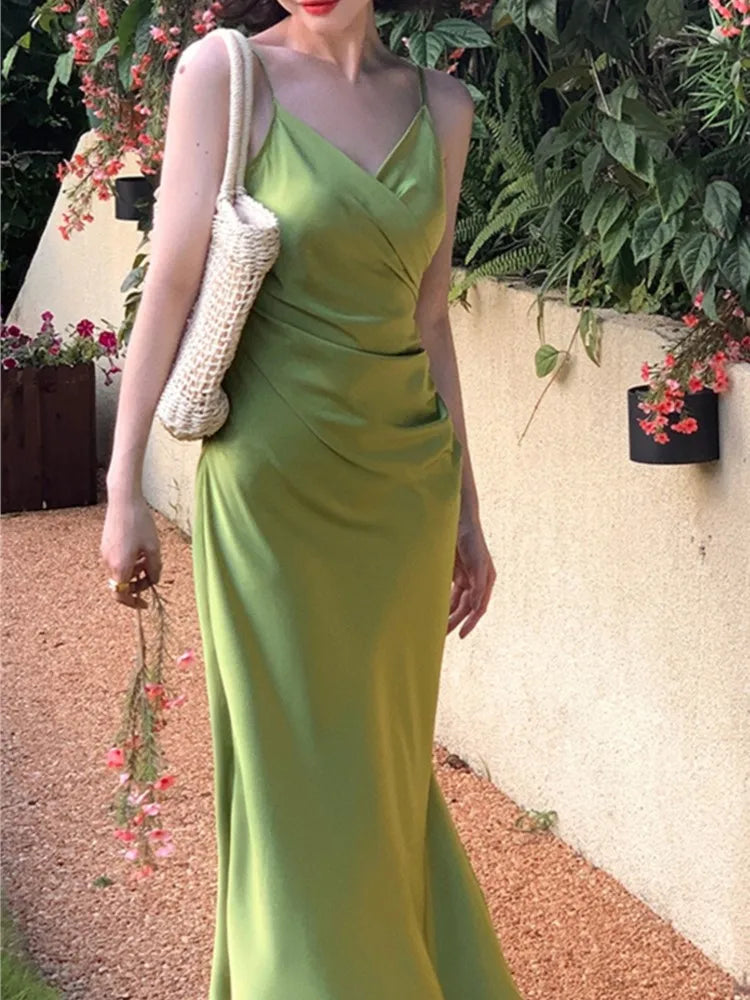 Advbridge Sexy Women Summer Spaghetti Strap Midi Dress New Fashion Evening Party Ladies Eleglant Sundress Vintage Satin Casual Robe New
