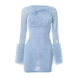 ADVBRIDGE  -  Women's Mesh Cross Hollow Long Sleeved Plush Cuffs Tight Sexy See-through Wrapped Hip Short Dresses Party Nightclub Outfit