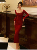 Advbridge Elegant Red Bodycon Midi Dresses for Women Chain Square Collar Long Sleeves Slim Autumn New Fashion Slit Party Dress Prom Robe